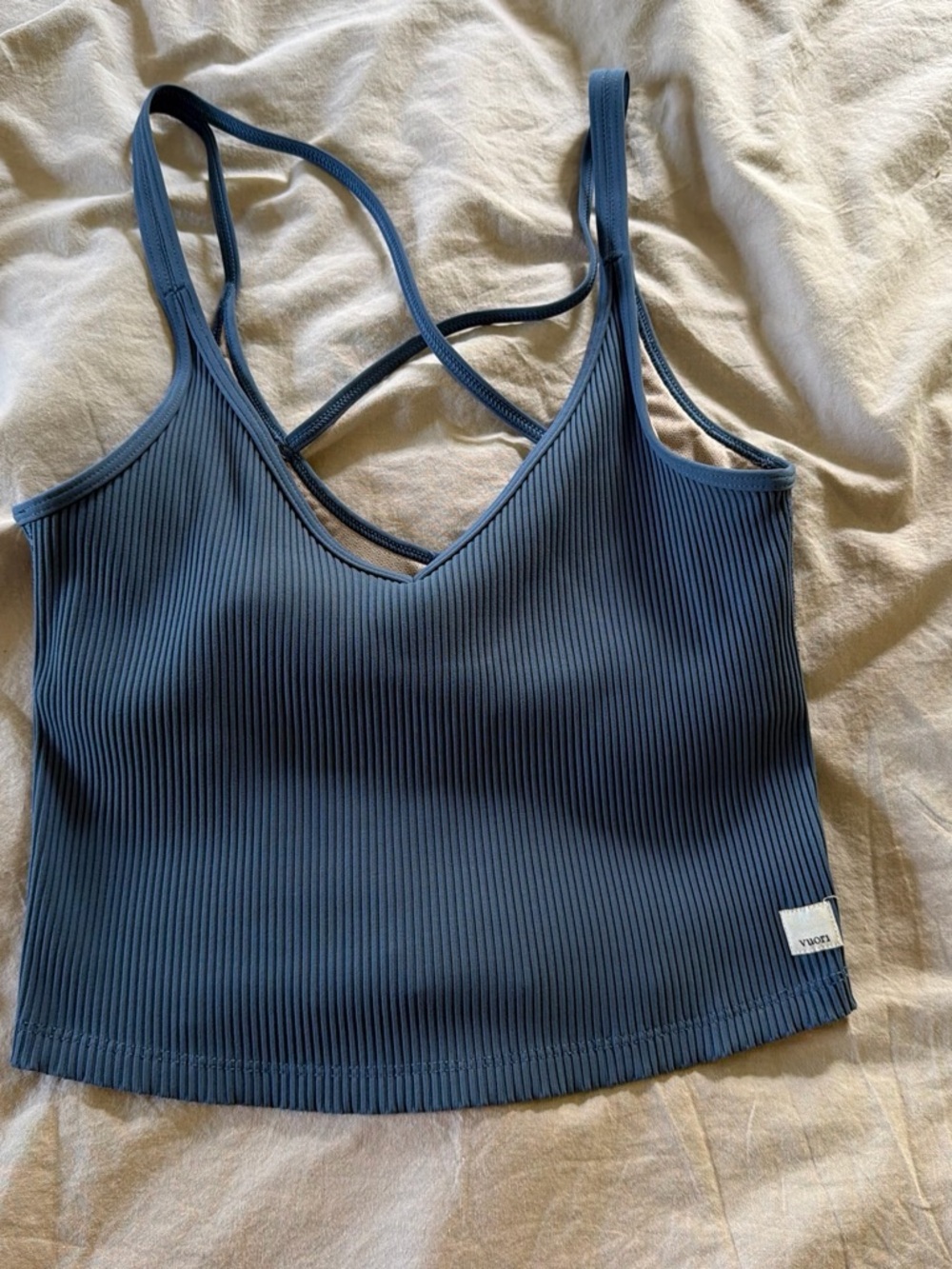 Vuori Ribbed Strappy V-Neck Crop Tank Top - Slate Blue